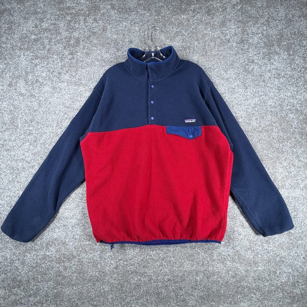 Patagonia Synchilla Pullover Jacket Mens L Red Navy Blue Colorblock Lightweight